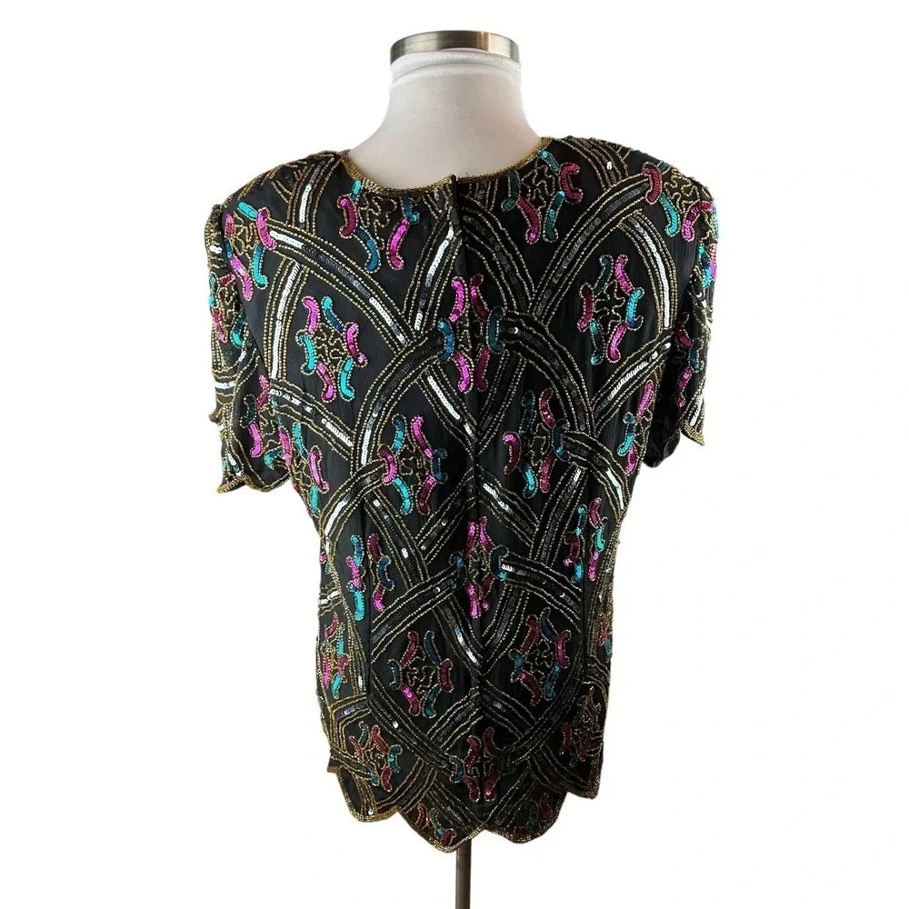 Vintage Papell Boutique Silk Sequin Beaded Embellished Top Black Plus Size 2X - Picture 11 of 12